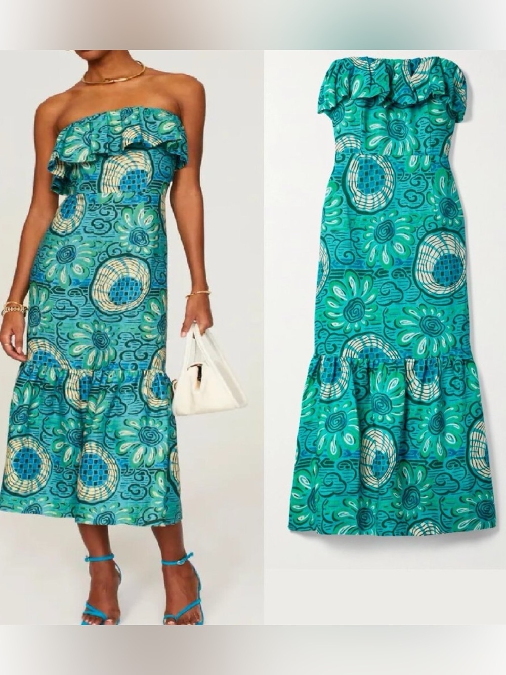 RHODE THEA AQUATIC BLOOM LINEN STRAPLESS MIDI DRESS